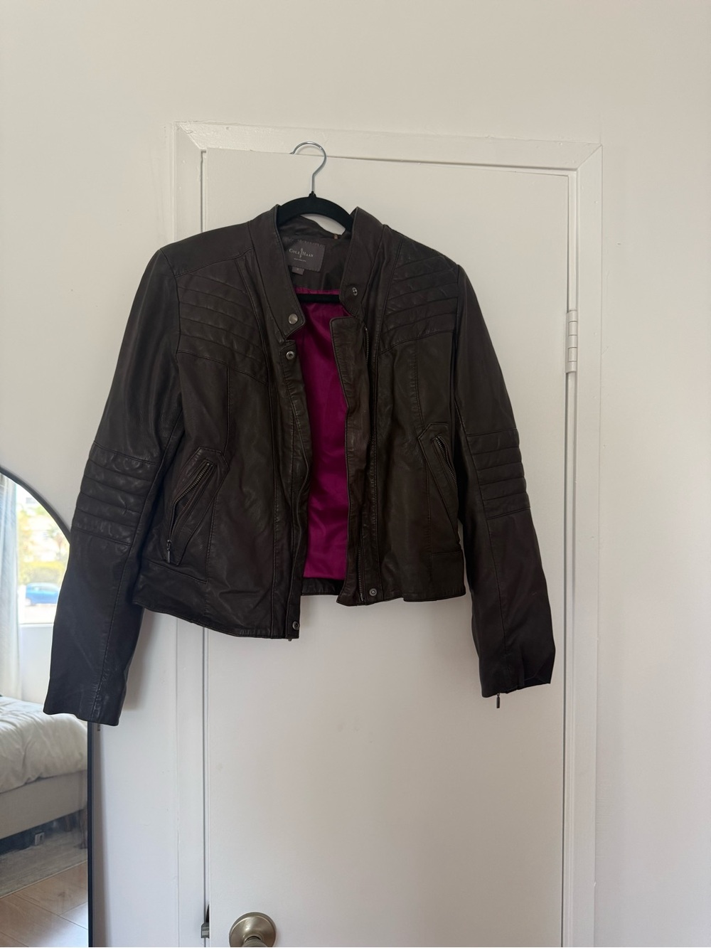 Cole Haan Women’s Dark Brown Leather Moto Jacket